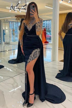 BMbride Navy Blue Long Glitter Evening Dresses Prom Dresses With Sleeves BMbride