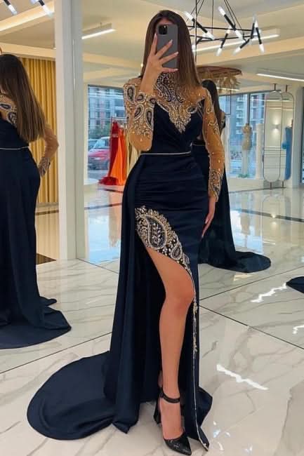 BMbride Navy Blue Long Glitter Evening Dresses Prom Dresses With Sleeves BMbride