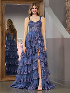 Elegant Grey Blue Princess A-Line Off-the-Shoulder Corset Prom Dress with Lace Ruffles BM bride