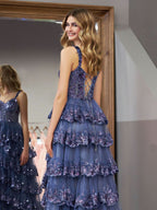 Elegant Grey Blue Princess A-Line Off-the-Shoulder Corset Prom Dress with Lace Ruffles BM bride