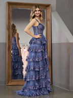 Elegant Grey Blue Princess A-Line Off-the-Shoulder Corset Prom Dress with Lace Ruffles BM bride