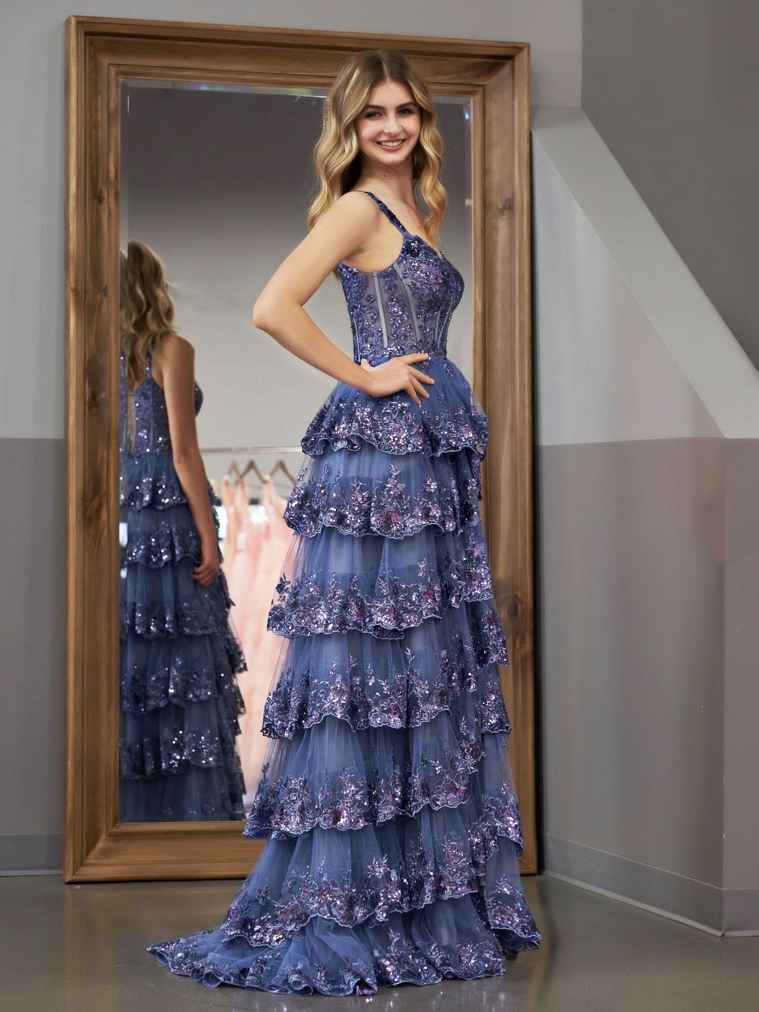 Elegant Grey Blue Princess A-Line Off-the-Shoulder Corset Prom Dress with Lace Ruffles BM bride