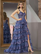 Elegant Grey Blue Princess A-Line Off-the-Shoulder Corset Prom Dress with Lace Ruffles BM bride