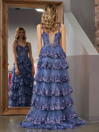 Elegant Grey Blue Princess A-Line Off-the-Shoulder Corset Prom Dress with Lace Ruffles BM bride