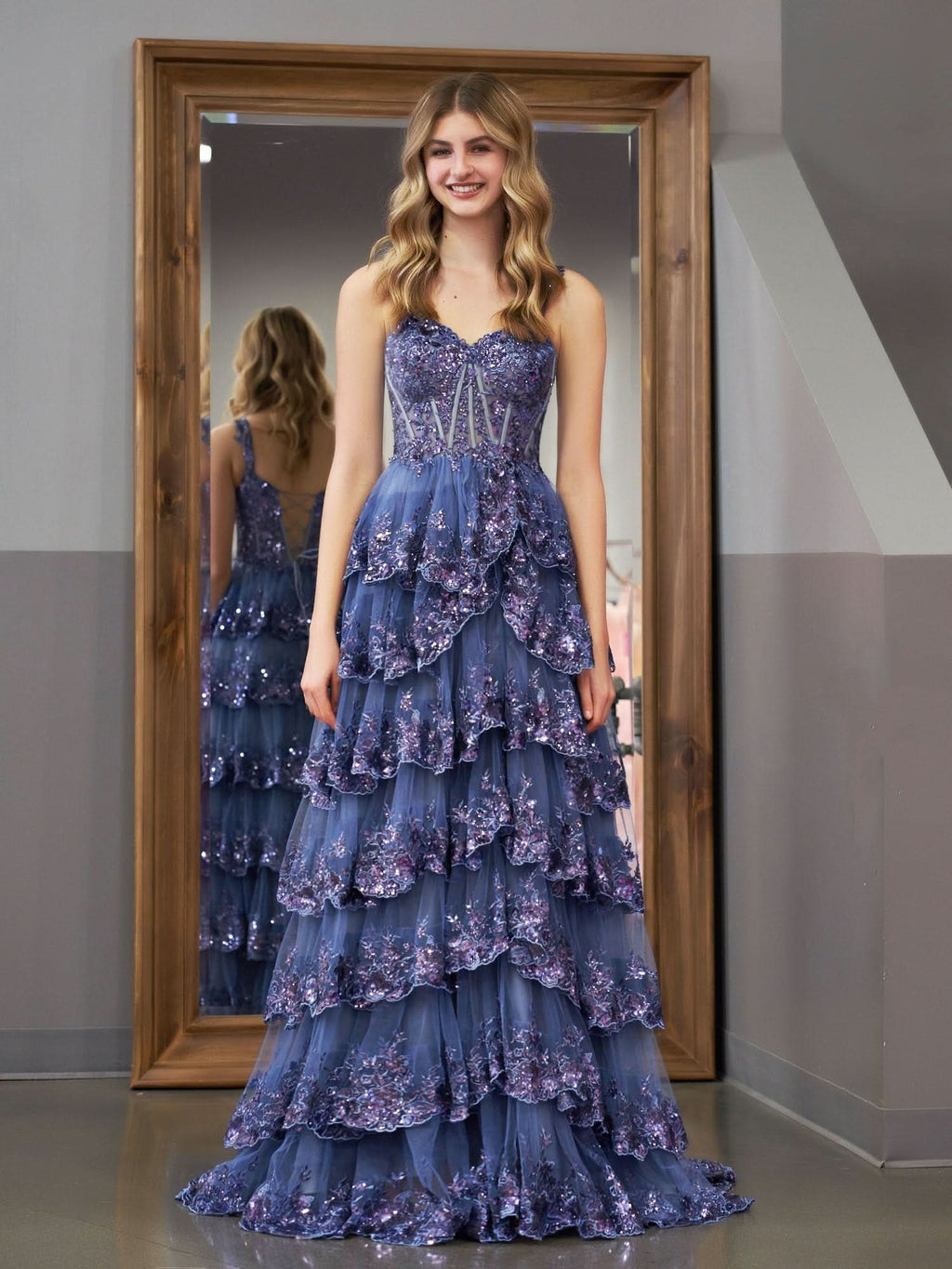 Elegant Grey Blue Princess A-Line Off-the-Shoulder Corset Prom Dress with Lace Ruffles BM bride