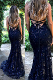 Glamorous Lace-Up Mermaid Long Gold Prom Dress with Sequins BM bride