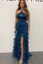Halter Keyhole Ruffle Tiered Prom Dress with Slit BM bride