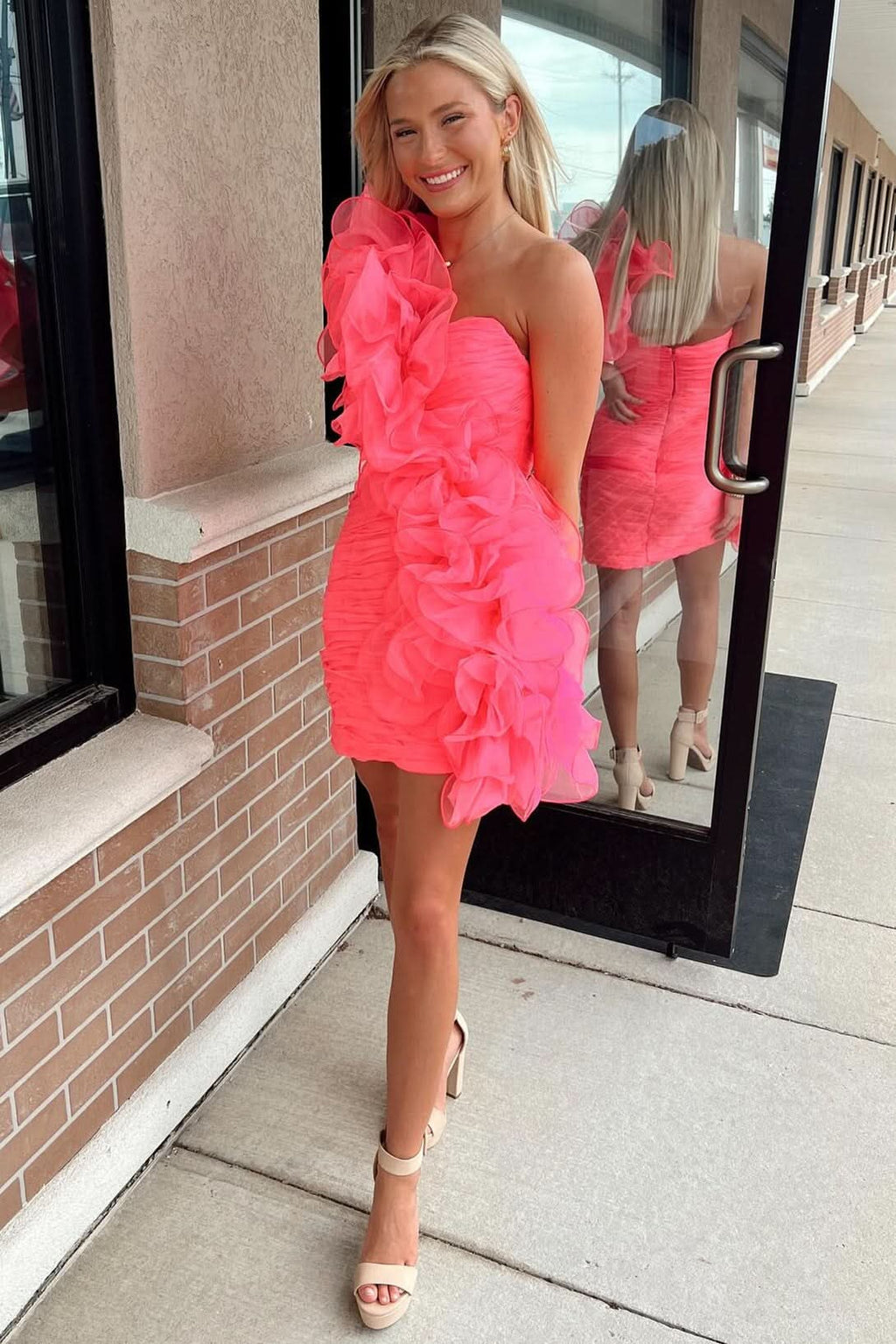 Playful Hot Pink One-Shoulder Ruffle Short Homecoming Dress BM bride