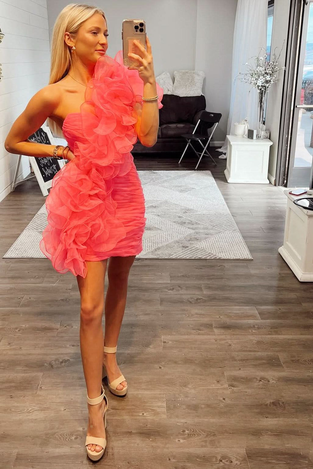 Playful Hot Pink One-Shoulder Ruffle Short Homecoming Dress BM bride