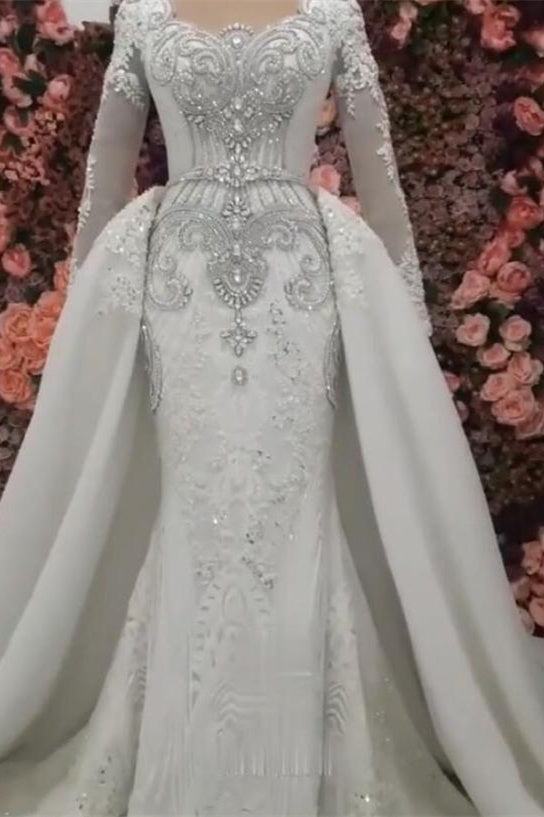 New Arrival Long Sleeves Mermaid Wedding Dress with Overskirt BM bride