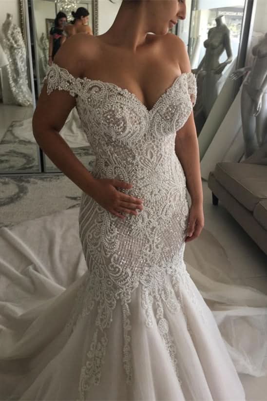 New Arrival Off-the-Shoulder Sweetheart Pearl Mermaid Chapel Train Wedding Dress BM bride