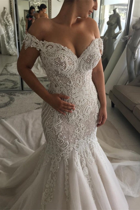 New Arrival Off-the-Shoulder Sweetheart Pearl Mermaid Chapel Train Wedding Dress BM bride
