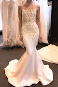BMbride New-Arrival Sheer Neck Sleeveless Sweep Train Satin Pretty Mermaid Elegant Wedding Dresses BMbride