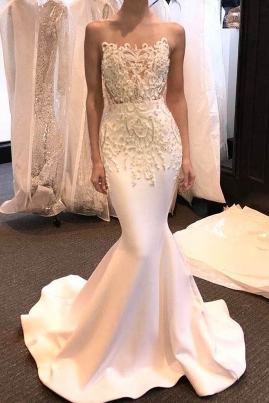 BMbride New-Arrival Sheer Neck Sleeveless Sweep Train Satin Pretty Mermaid Elegant Wedding Dresses BMbride