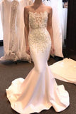 BMbride New-Arrival Sheer Neck Sleeveless Sweep Train Satin Pretty Mermaid Elegant Wedding Dresses BMbride