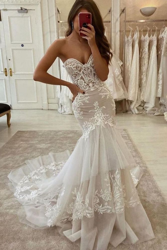 New Arrival Sweetheart Tulle Lace Mermaid Wedding Dress Two layer Trailing BM bride
