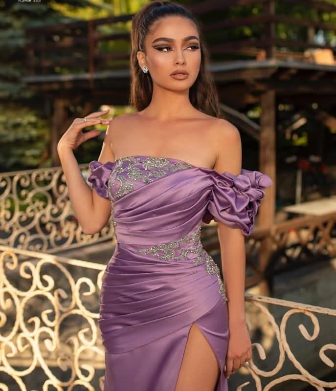 BMbride Noble Off The Shoulder Ruffles Purple Split Mermaid Evening Dresses BMbride