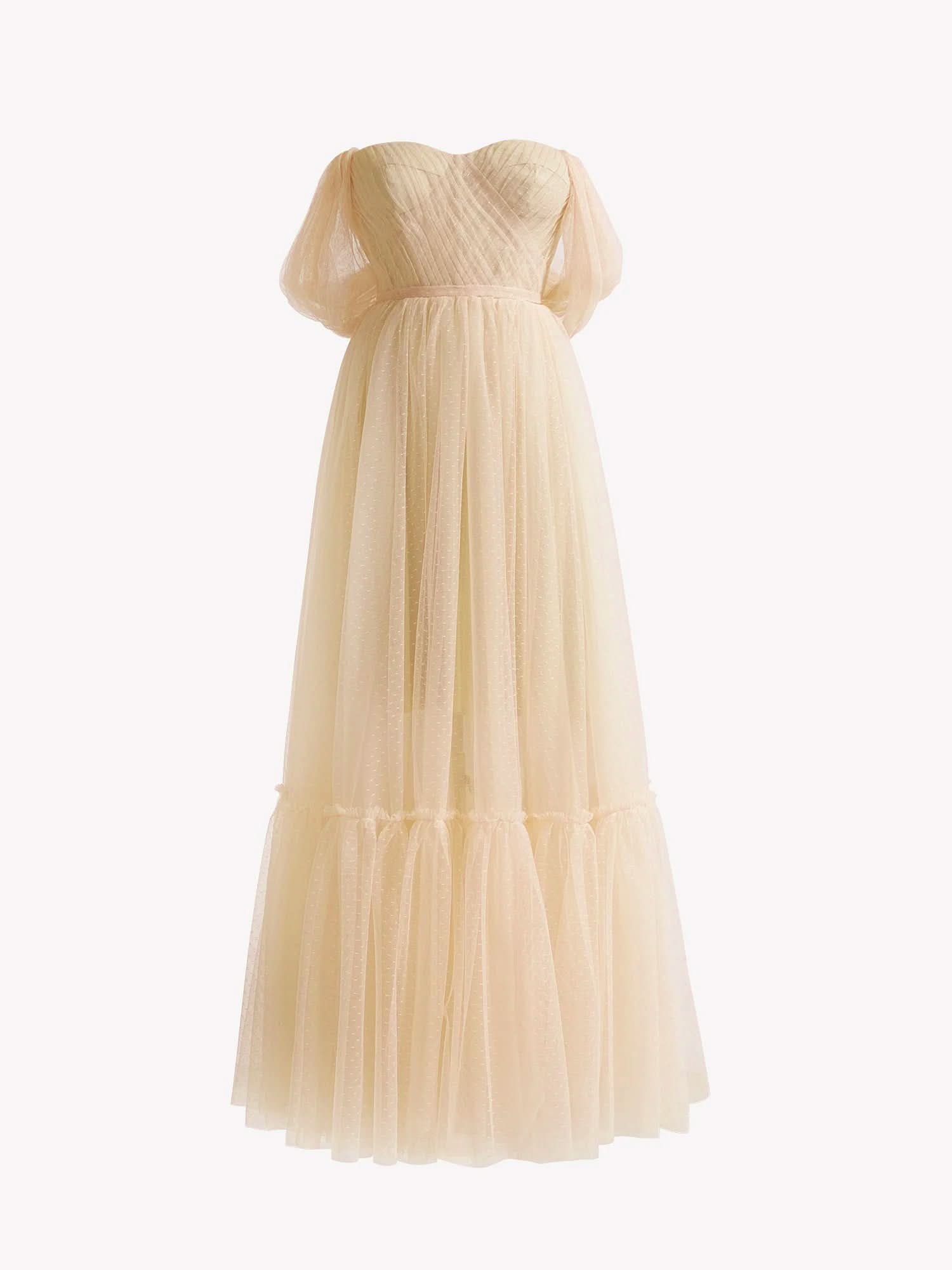 Exquisite A-Line Champagne Tulle Sweetheart Tea-Length Prom Dress BM bride