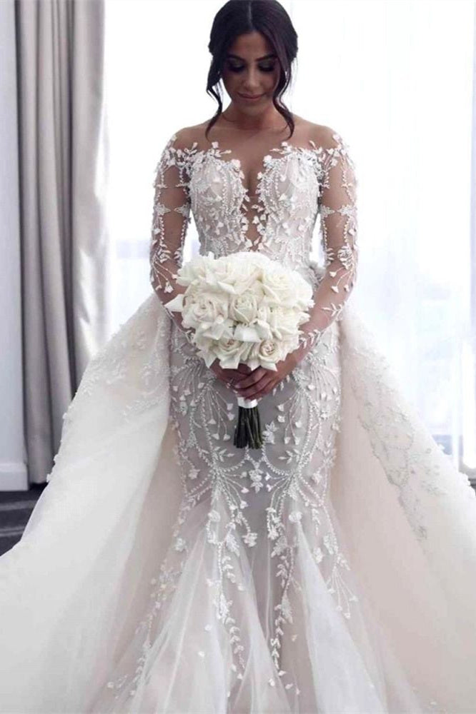 Off-the-Shoulder Deep V-Neck Wedding Dress with Overskirt BM bride