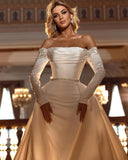 BMbride Off-the-Shoulder Long Sleeves Satin Mermaid Wedding Dress with Detachable Tail BMbride
