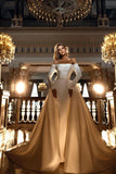 BMbride Off-the-Shoulder Long Sleeves Satin Mermaid Wedding Dress with Detachable Tail BMbride