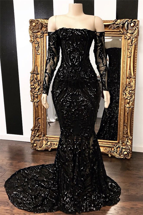Off-the-shoulder Long Sleeves Sexy Mermaid Sweep Train Prom Dresses BM bride