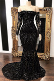 Off-the-shoulder Long Sleeves Sexy Mermaid Sweep Train Prom Dresses BM bride
