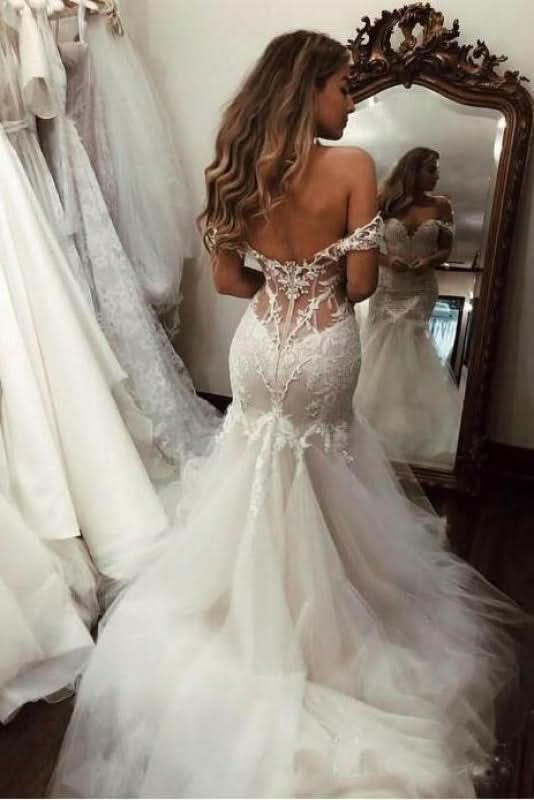 BMbride Off the Shoulder Pretty Mermaid Lace Long Tulle Elegant Wedding Dresses BMbride