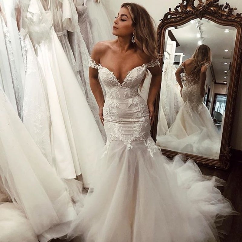 BMbride Off the Shoulder Pretty Mermaid Lace Long Tulle Elegant Wedding Dresses BMbride