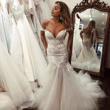 BMbride Off the Shoulder Pretty Mermaid Lace Long Tulle Elegant Wedding Dresses BMbride