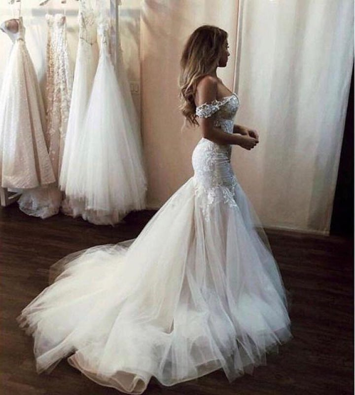 BMbride Off the Shoulder Pretty Mermaid Lace Long Tulle Elegant Wedding Dresses BMbride