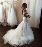 BMbride Off the Shoulder Pretty Mermaid Lace Long Tulle Elegant Wedding Dresses BMbride