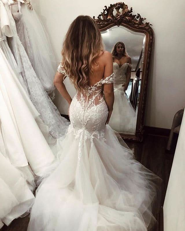 BMbride Off the Shoulder Pretty Mermaid Lace Long Tulle Elegant Wedding Dresses BMbride