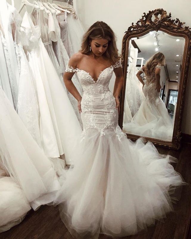 BMbride Off the Shoulder Pretty Mermaid Lace Long Tulle Elegant Wedding Dresses BMbride