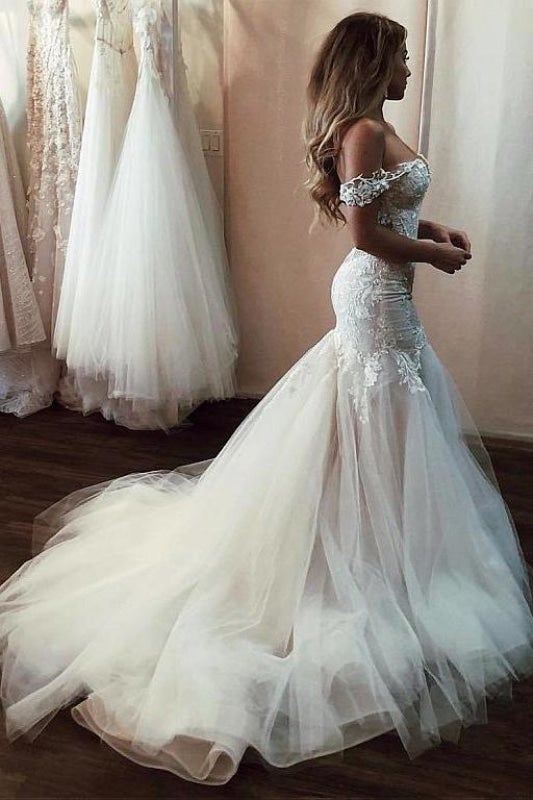 BMbride Off the Shoulder Pretty Mermaid Lace Long Tulle Elegant Wedding Dresses BMbride