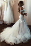 BMbride Off the Shoulder Pretty Mermaid Lace Long Tulle Elegant Wedding Dresses BMbride