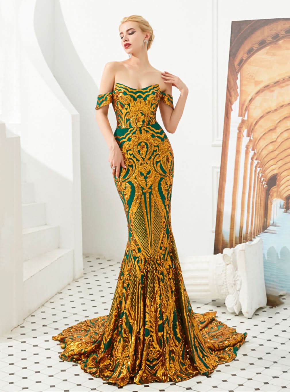 Off-The-Shoulder Sleeveless Mermaid Dress BMbride