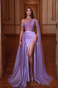 Off-the-shoulder Sparkly Beads Sexy Side Slit Prom Dresses for a Seductive Look BM bride
