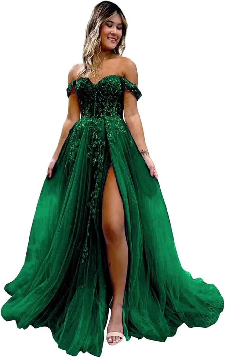 Off The Shoulder Tulle Prom Dresses with Slit Laces Applique Sweetheart Long Formal Evening Party Gowns - Bmbride