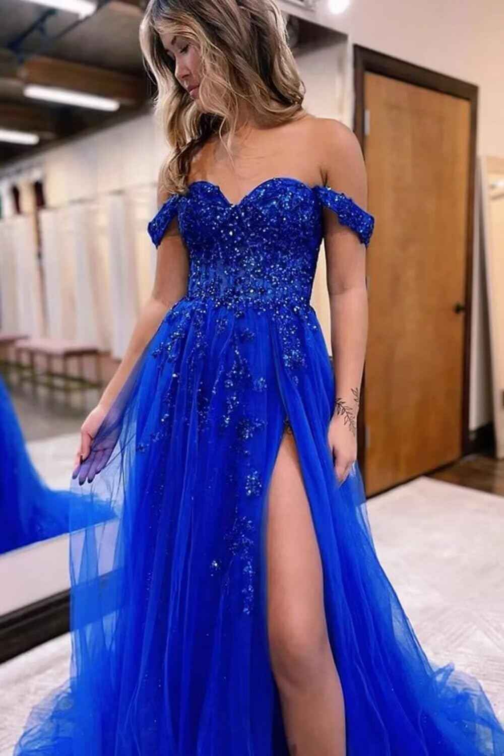 Off The Shoulder Tulle Prom Dresses with Slit Laces Applique Sweetheart Long Formal Evening Party Gowns - Bmbride