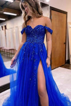 Off The Shoulder Tulle Prom Dresses with Slit Laces Applique Sweetheart Long Formal Evening Party Gowns - Bmbride