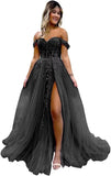 Off The Shoulder Tulle Prom Dresses with Slit Laces Applique Sweetheart Long Formal Evening Party Gowns - Bmbride