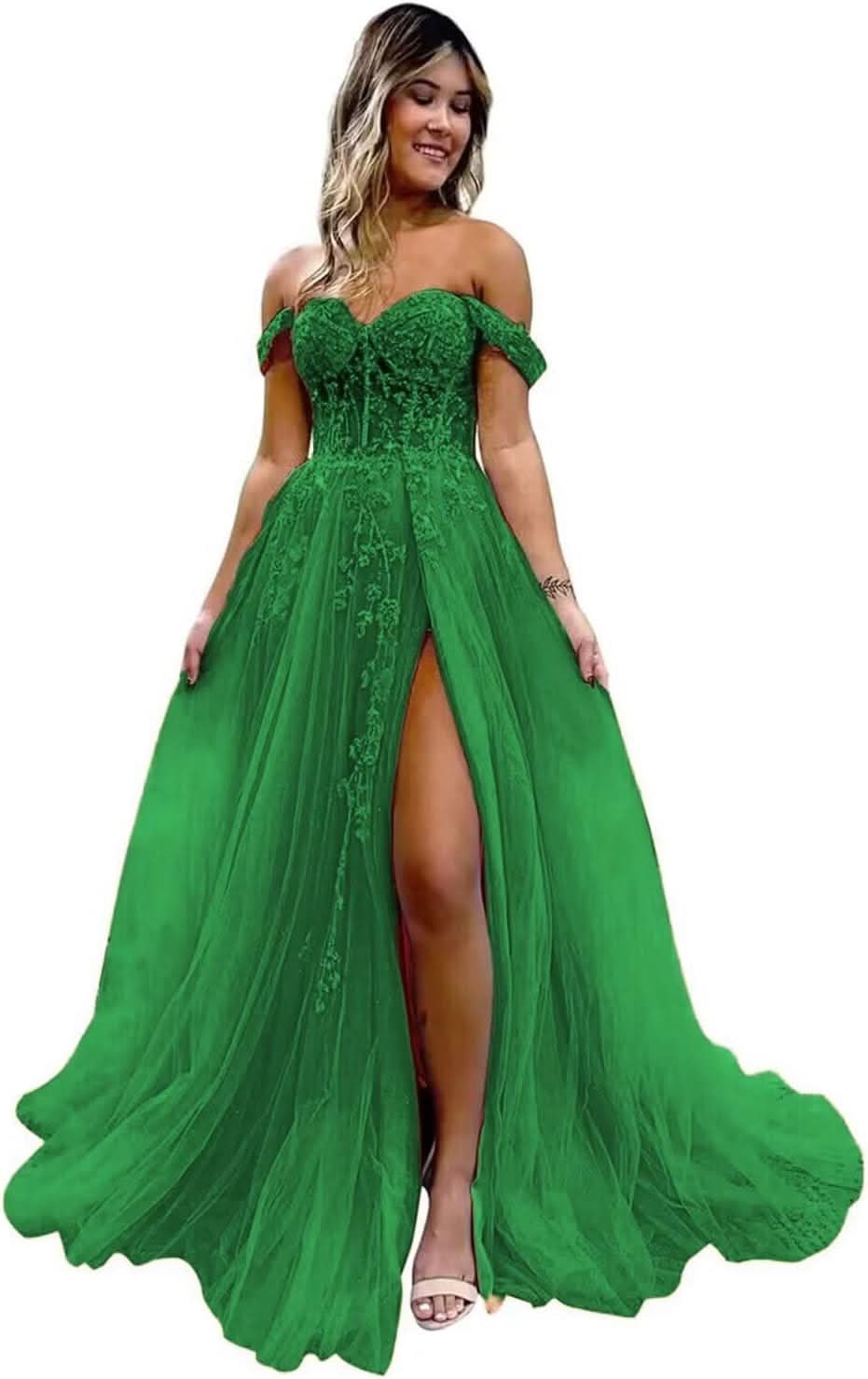 Off The Shoulder Tulle Prom Dresses with Slit Laces Applique Sweetheart Long Formal Evening Party Gowns - Bmbride