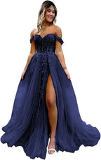Off The Shoulder Tulle Prom Dresses with Slit Laces Applique Sweetheart Long Formal Evening Party Gowns - Bmbride