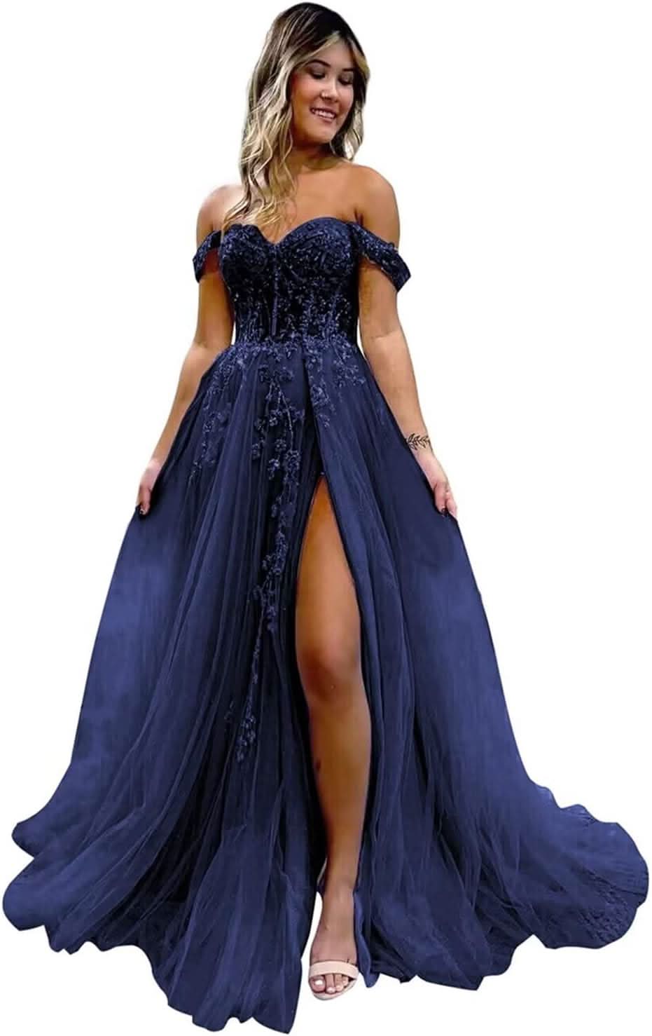 Off The Shoulder Tulle Prom Dresses with Slit Laces Applique Sweetheart Long Formal Evening Party Gowns - Bmbride
