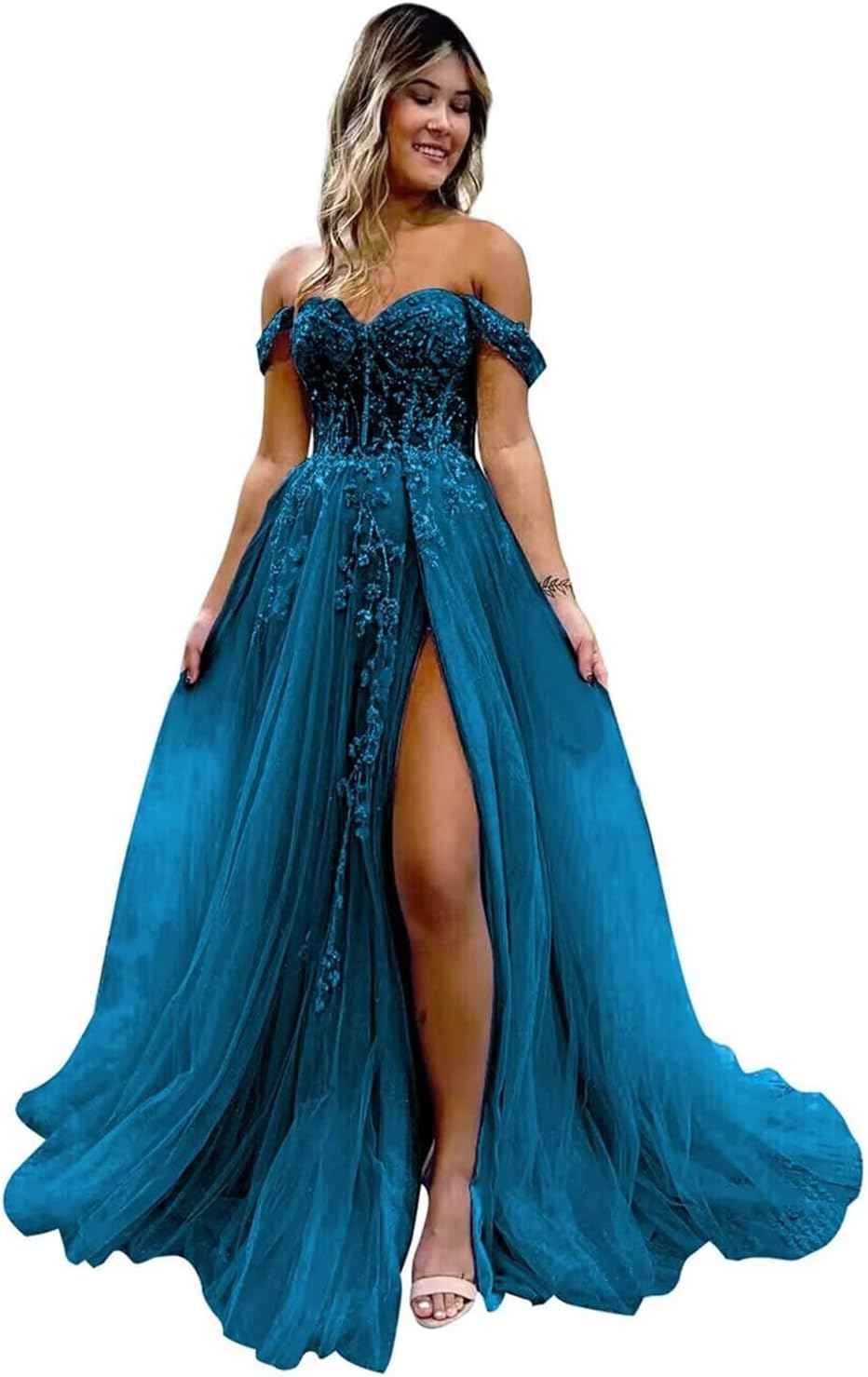 Off The Shoulder Tulle Prom Dresses with Slit Laces Applique Sweetheart Long Formal Evening Party Gowns - Bmbride