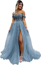 Off The Shoulder Tulle Prom Dresses with Slit Laces Applique Sweetheart Long Formal Evening Party Gowns - Bmbride