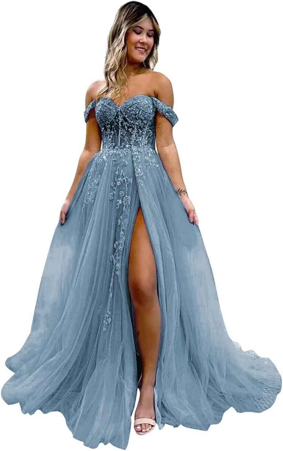 Off The Shoulder Tulle Prom Dresses with Slit Laces Applique Sweetheart Long Formal Evening Party Gowns - Bmbride