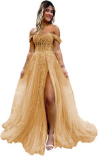 Off The Shoulder Tulle Prom Dresses with Slit Laces Applique Sweetheart Long Formal Evening Party Gowns - Bmbride