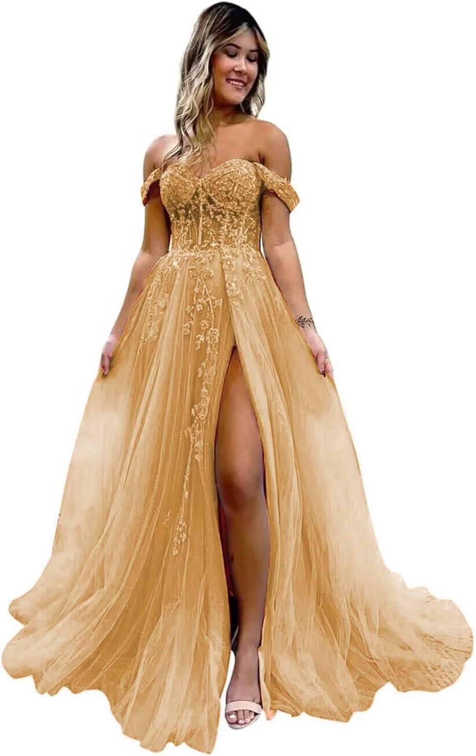 Off The Shoulder Tulle Prom Dresses with Slit Laces Applique Sweetheart Long Formal Evening Party Gowns - Bmbride